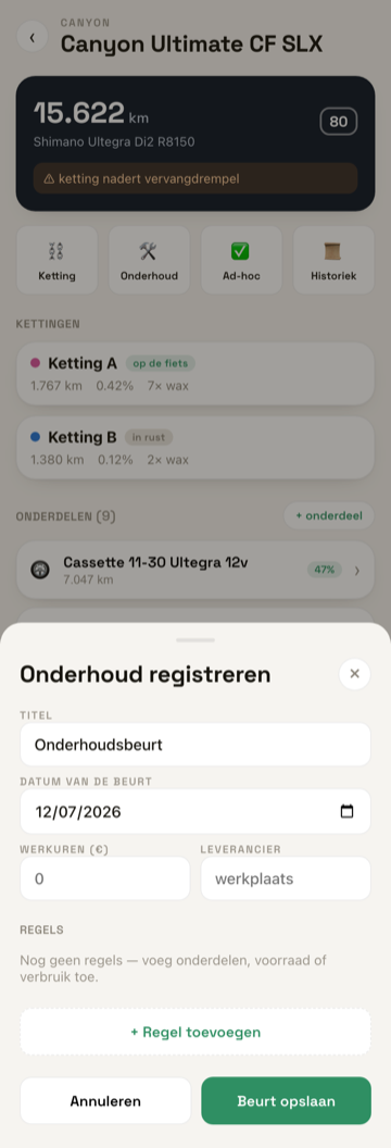 Onderhoud-registratiescherm
